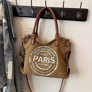 NWT PARIS Graphic Tan Beige White Pu Leather Crossbody Handbag Shoulder Tote Bag